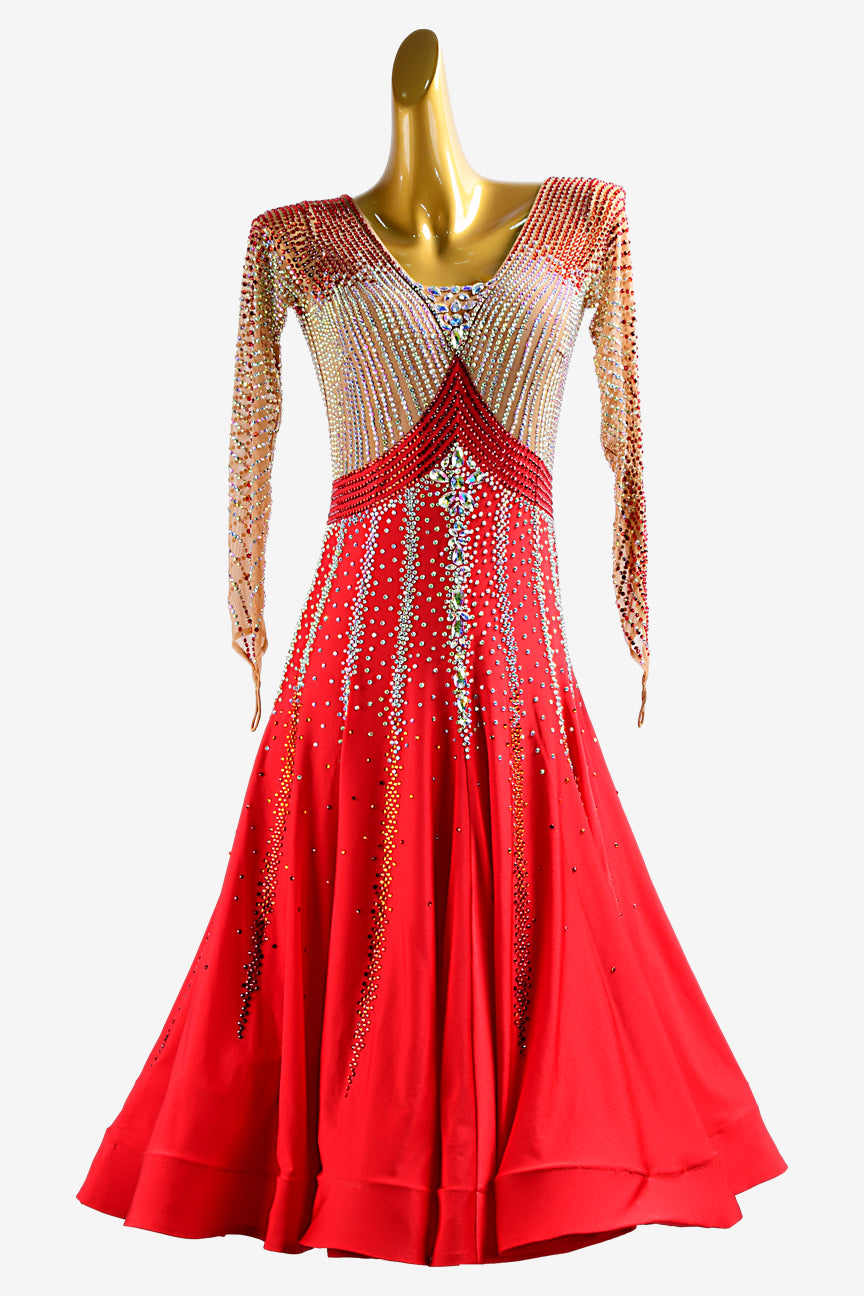 Vermilion & fleshtone Standard dress with crystal AB and red rhinestones - PerminoDesign