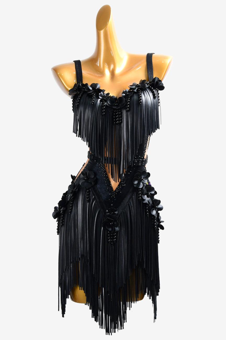 Permino black Latin dress with appliqués,rhinestones, PU leather fringes & beadings - PerminoDesign