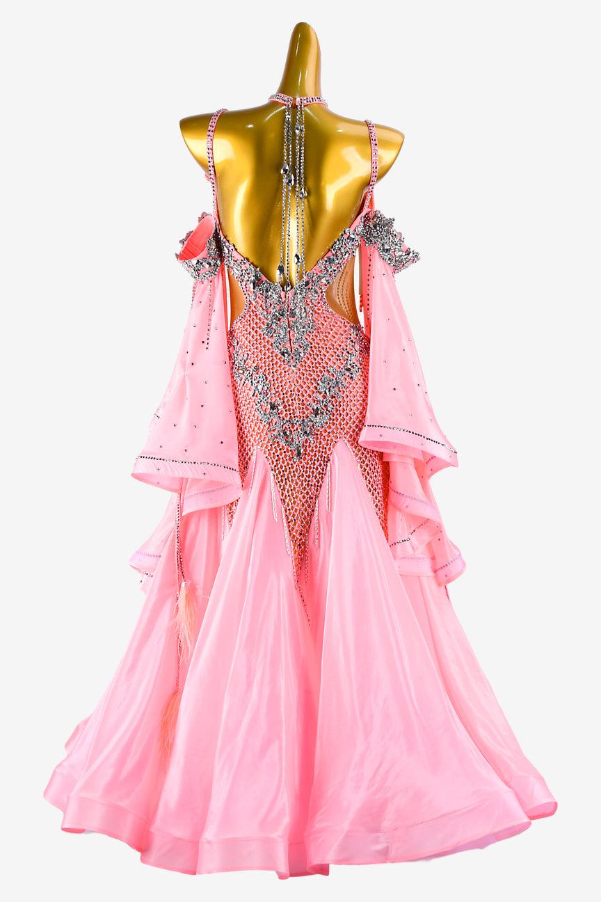 Permino pink crystal fishnet Standard dress with stretch satin underskirts, lace, float, silver rhinestone & beaded fringes - PerminoDesign