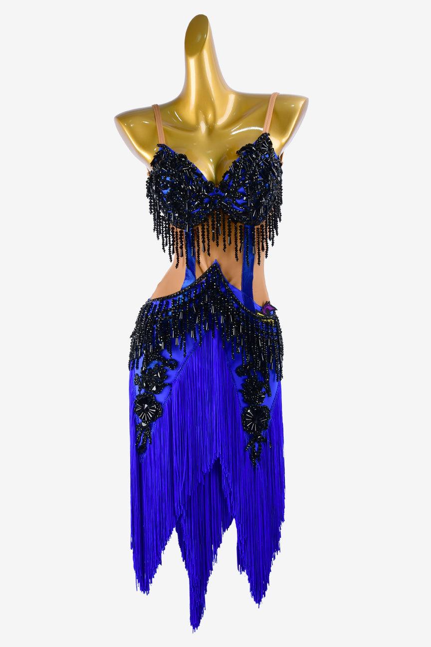 Permino Dark nude & mediumblue Latin dress with black stonning lace appliqués, mediumblue fringes & black beaddings - PerminoDesign