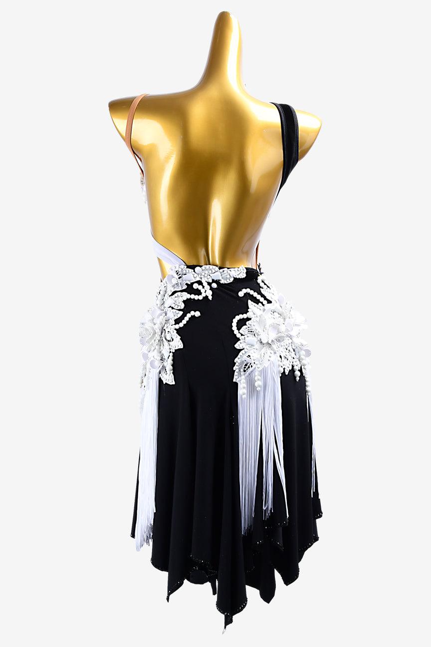 Permino mesh black draping Latin dress with white beadings, tassels, white lace & flower appliqués - PerminoDesign