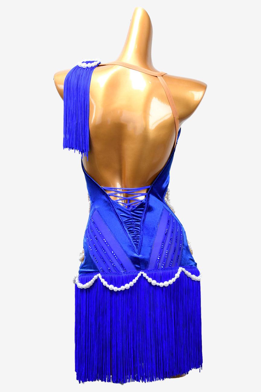 Permino cerulean blue Latin dress with fringe, beading and rhinestone - PerminoDesign