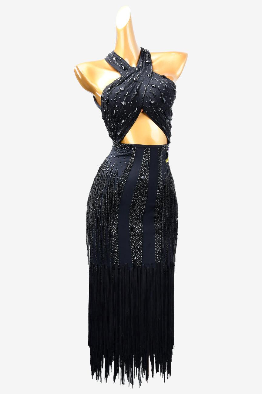 Permino black Latin dress with fringe, beaded fringe and rhinestone