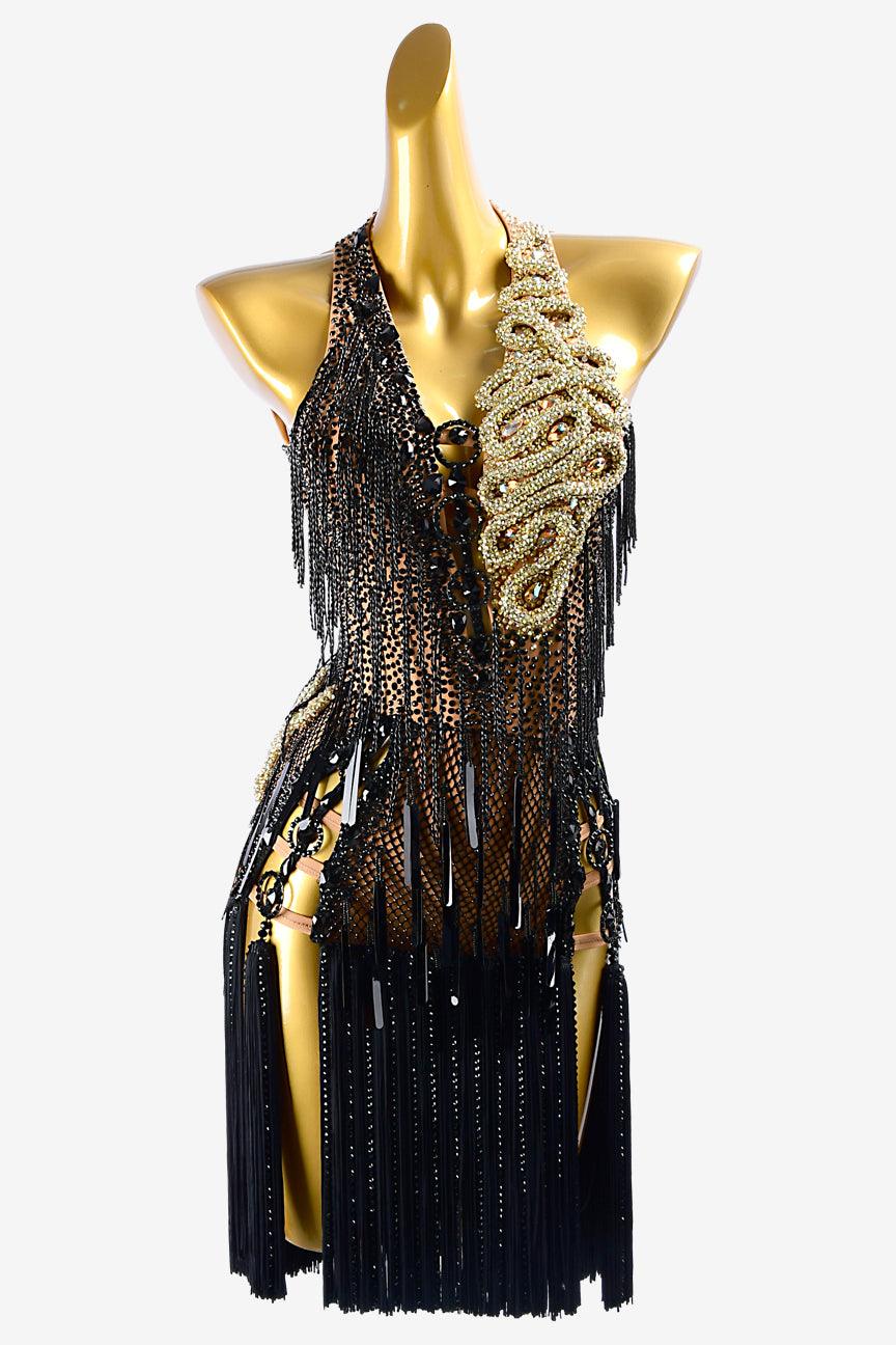 Permino fleshtone lycra Latin dress with black fishnet, stone fringes, fringes, crystals, sequins & gold stone string - PerminoDesign