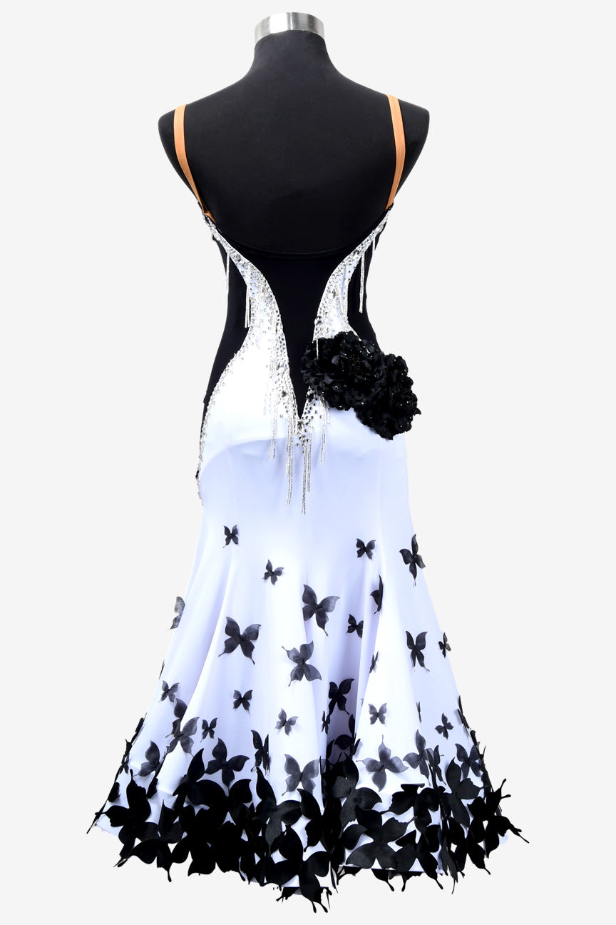 Permino black & white lycra Latin dress with flower appliques, rhinestones & butterfly appliques - PerminoDesign