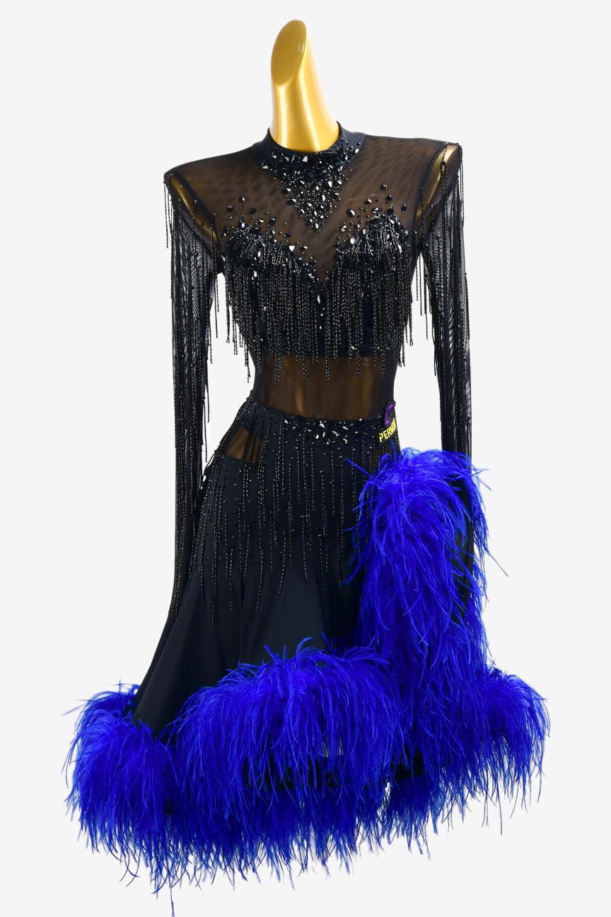 Permino black mesh Latin dress with royalblue feathers, black beaded fringes, rhinestone & sew-on stones - PerminoDesign