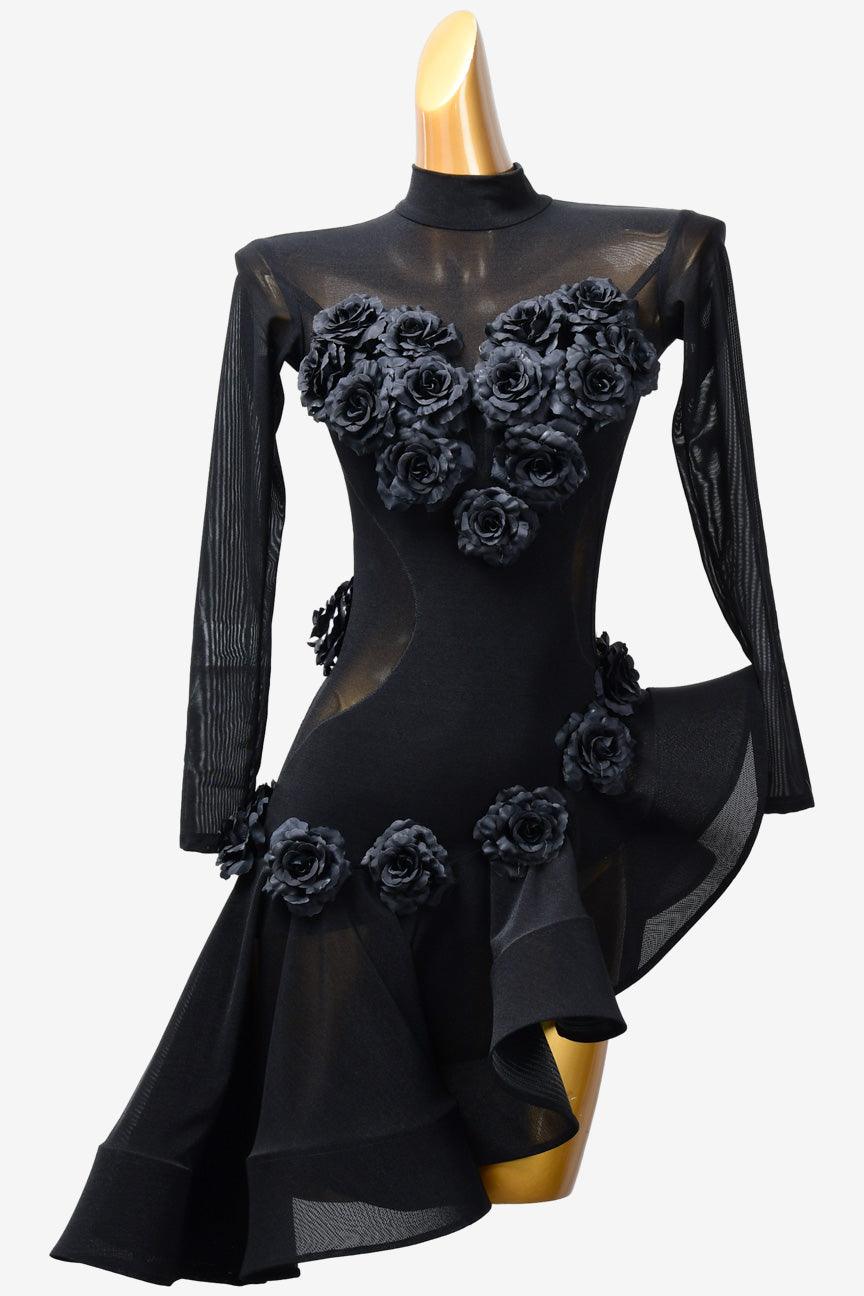 Permino black mesh Latin dress with ruffle fishbone underskirt & flower appliques - PerminoDesign