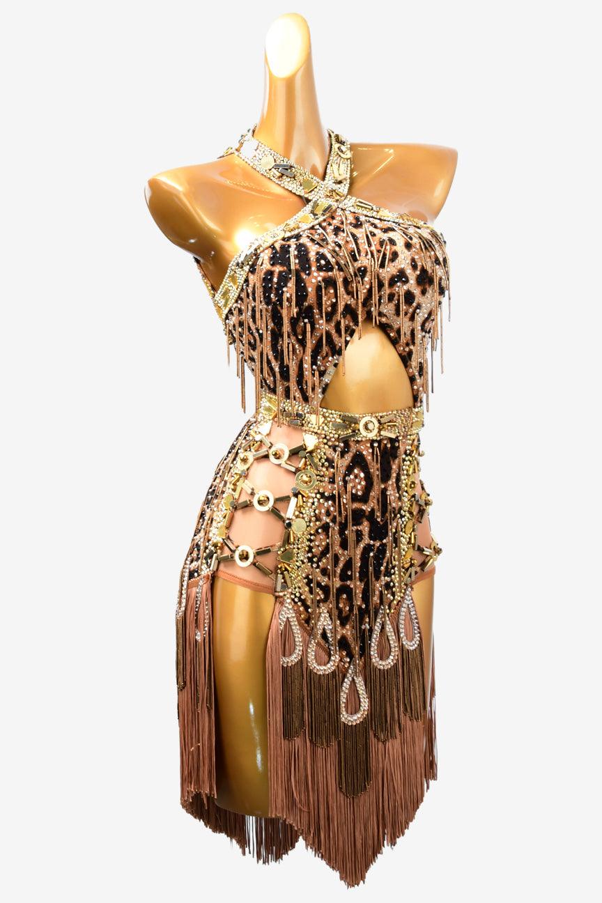 Permino leopard print lycra rhythm dress with beaded fringes,brown fringegs, gold crystals & rhinestones - PerminoDesign