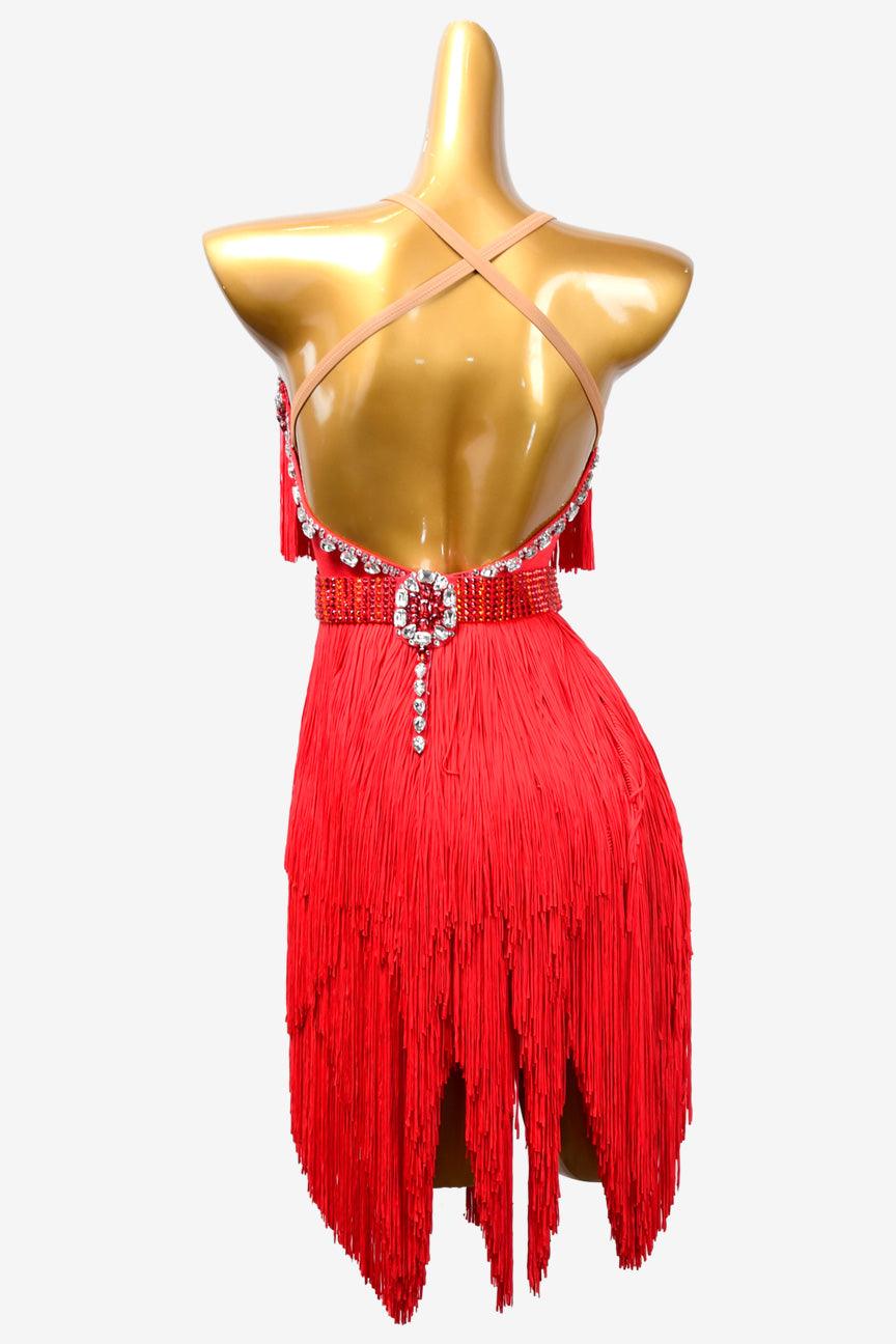 Permino china red Latin dress with AB stone and fringe - PerminoDesign