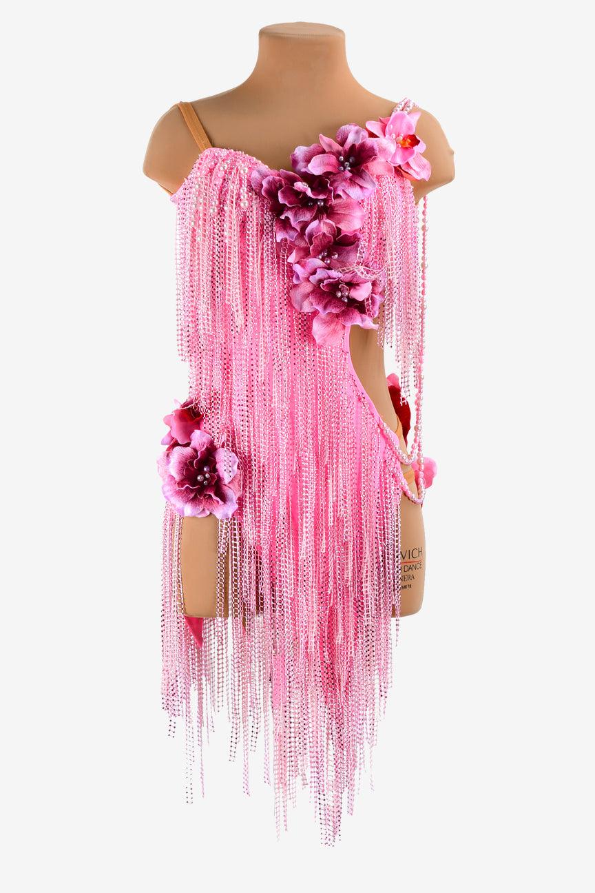 Permino pink matt lycra Latin dress with crystal fishnet fringes, rhinestone & flower appliques - PerminoDesign