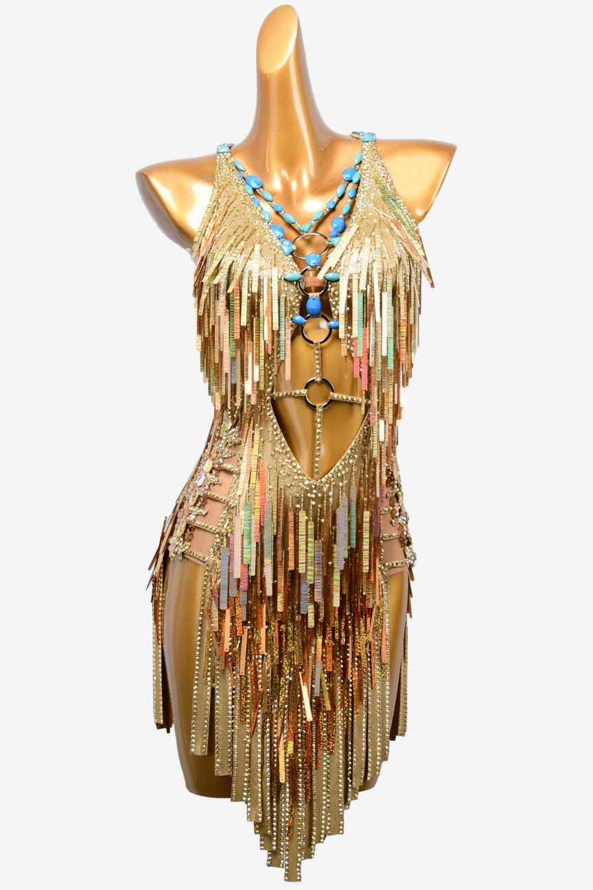 Permino gold enrod Latin dress with stone fringes, sequin and rhinestone - PerminoDesign