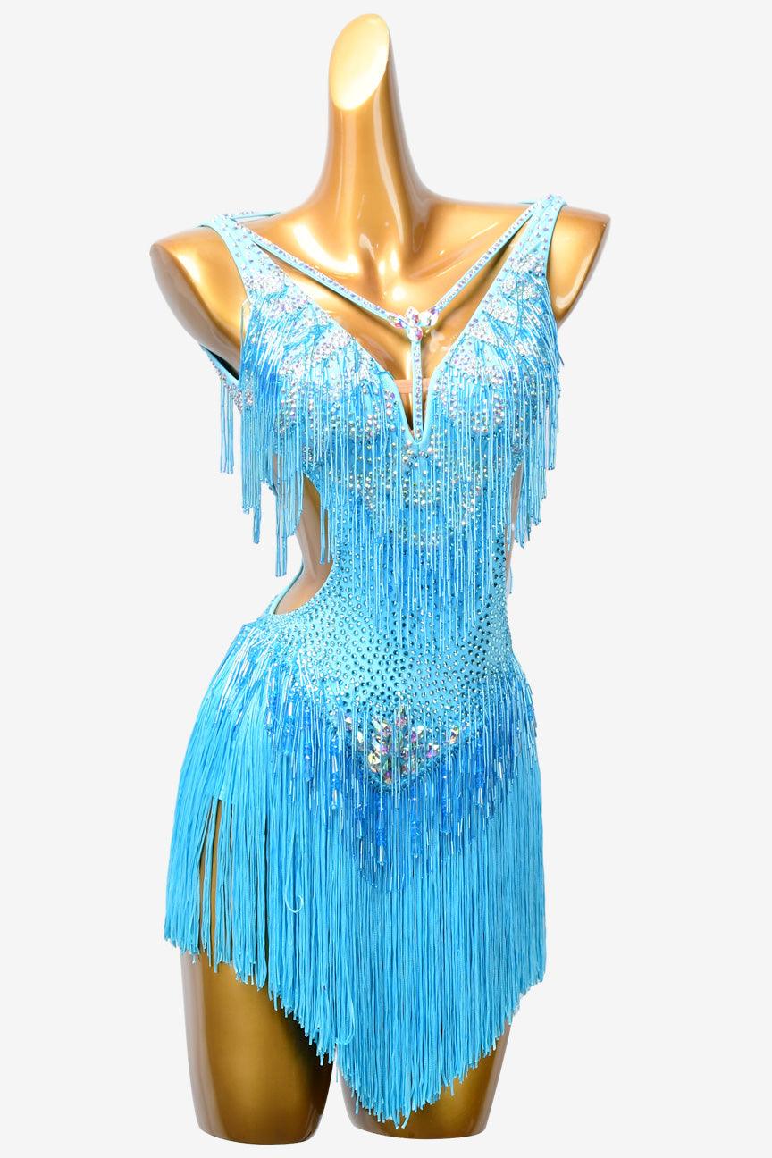 Permino sky blue matt lycra Latin dress with fringes, AB stones,beaded fringe & sew-on stones - PerminoDesign