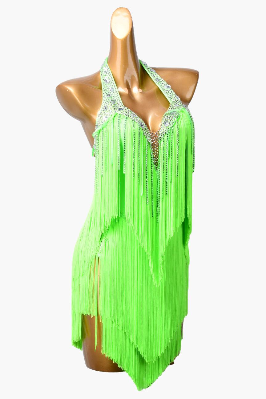 Permino lime green Latin dress with fringe, stone fringes and rhinestone - PerminoDesign