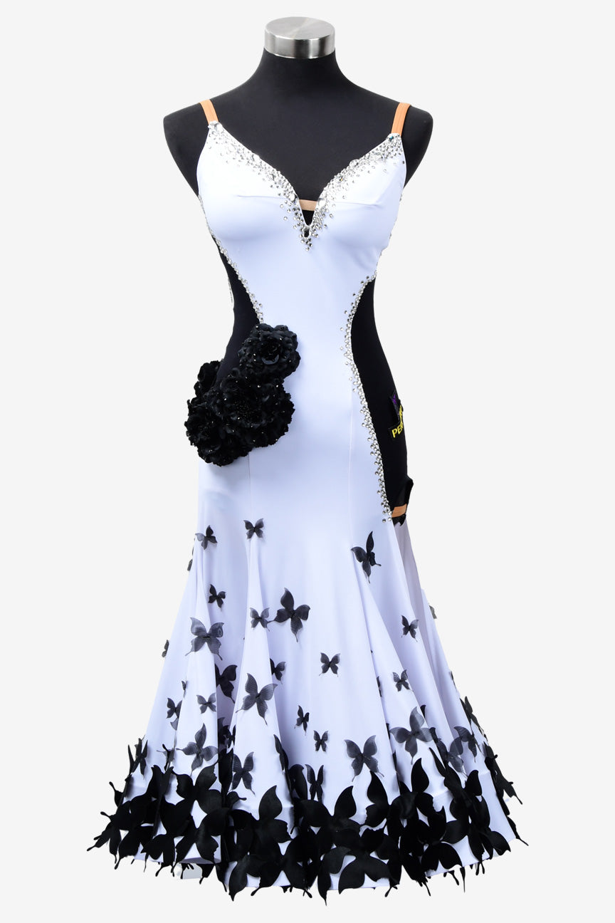 Permino black & white lycra Latin dress with flower appliques, rhinestones & butterfly appliques - PerminoDesign