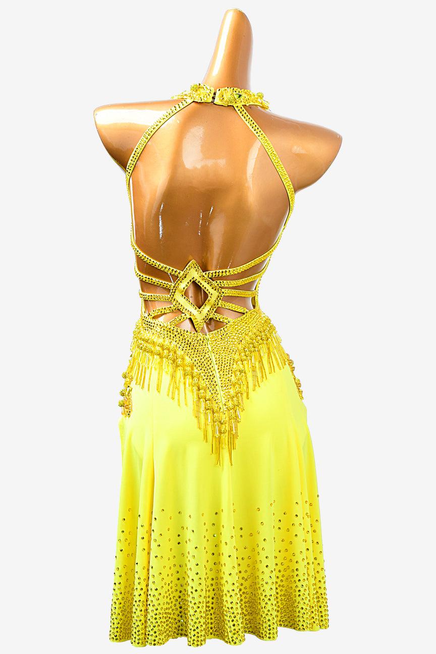 Permino lemon yellow Latin dress with beading and AB stone - PerminoDesign