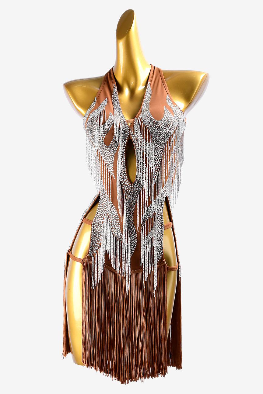 Permino fleshtone matt lycra Latin dress with silver beaded fringe, silver crystal & brown fringe - PerminoDesign