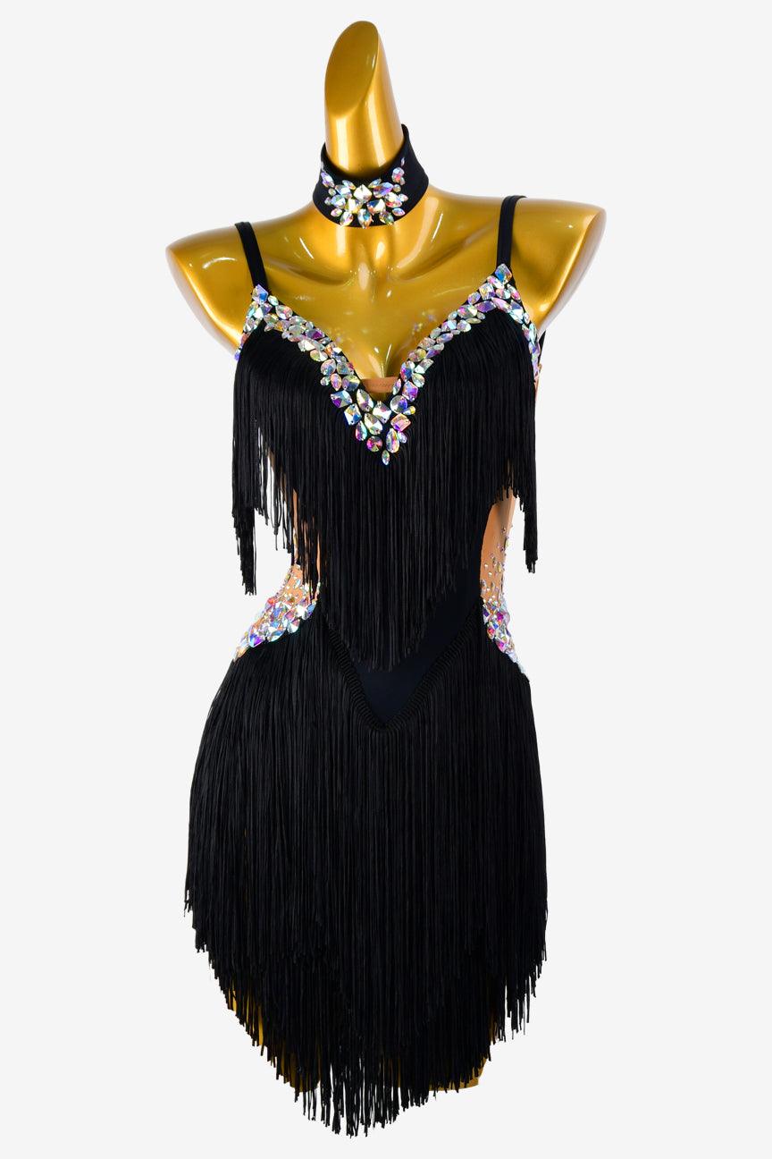 Permino fleshtone & black matt lycra Latin dress with AB colorful stones and fringes - PerminoDesign