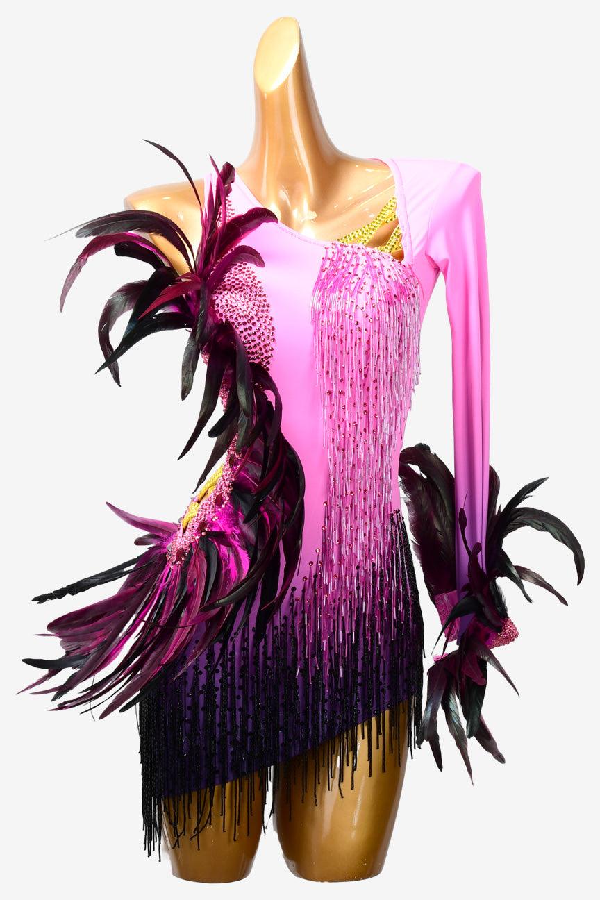 Permino bright pink Latin dress with feather, beaded fringe and rhinestone - PerminoDesign