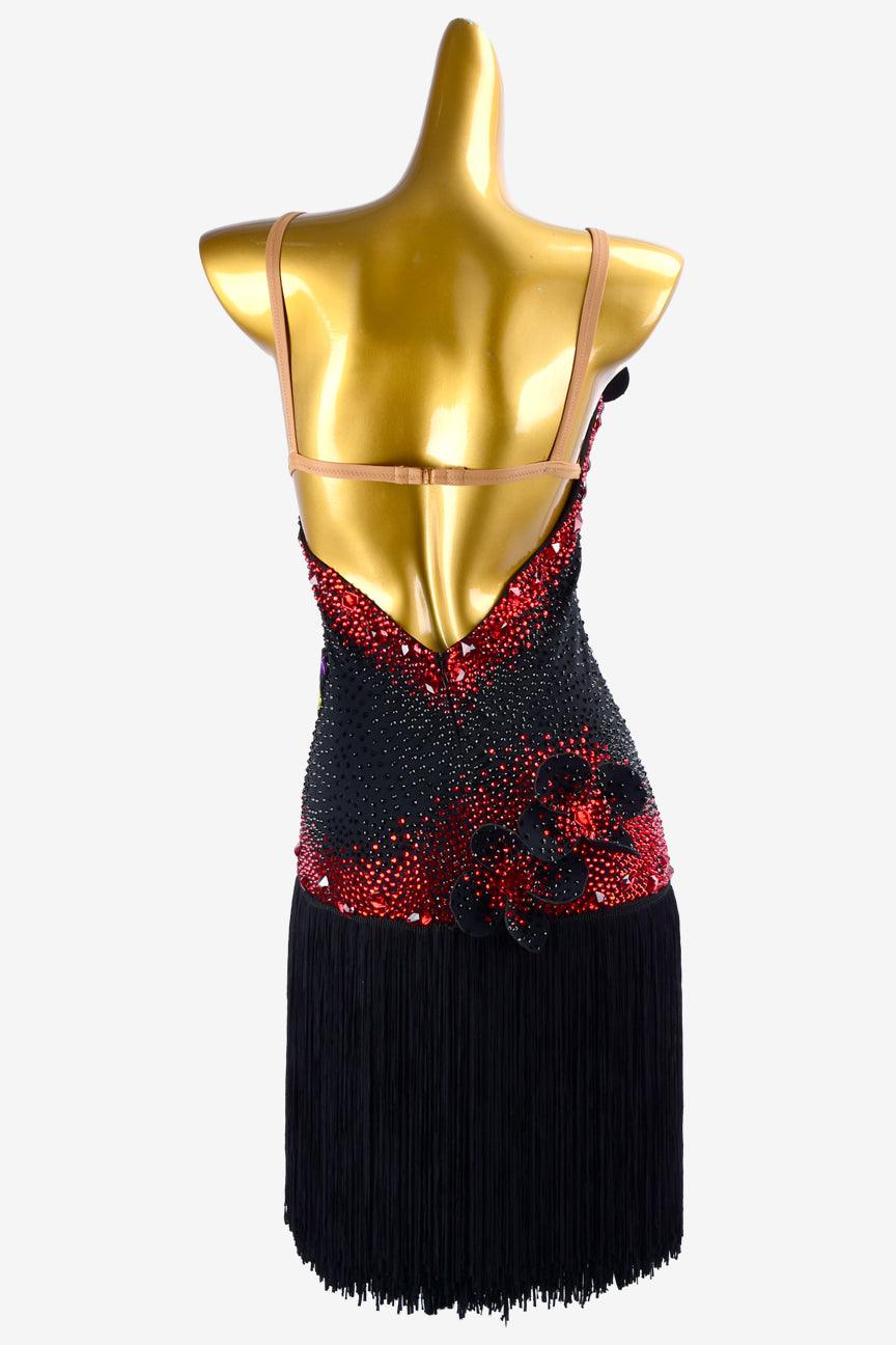 Permino black matt lycra Latin dress with fringes, rhinestone appliques, red crystals & sew-on stones - PerminoDesign