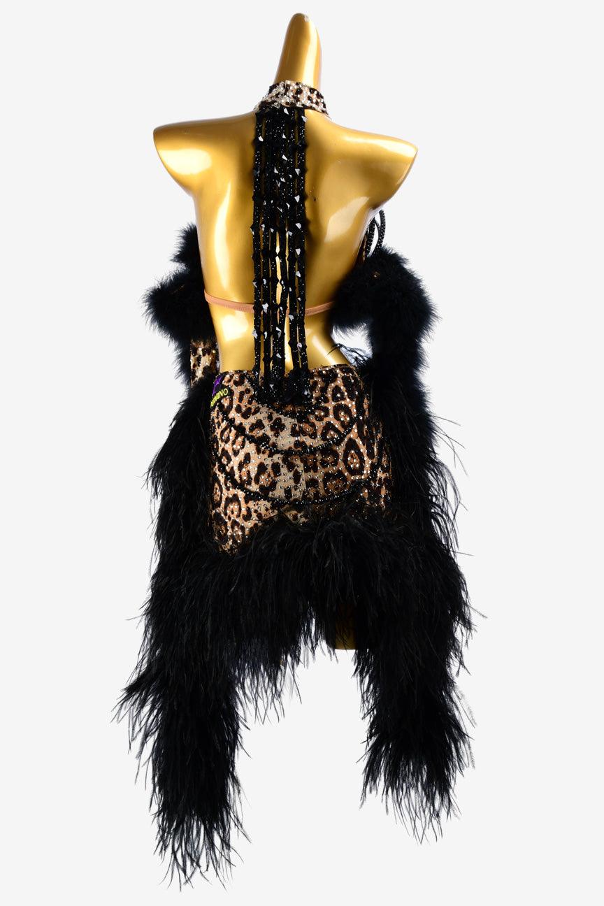 Permino leopard print Latin dress with feather and crystal AB - PerminoDesign