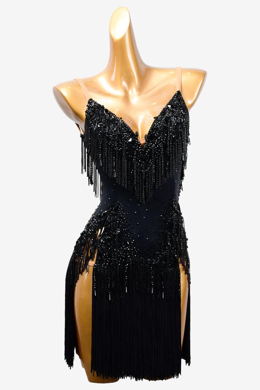 Permino black Latin dress with crystal AB, beaded fringe, fringe and beading - PerminoDesign