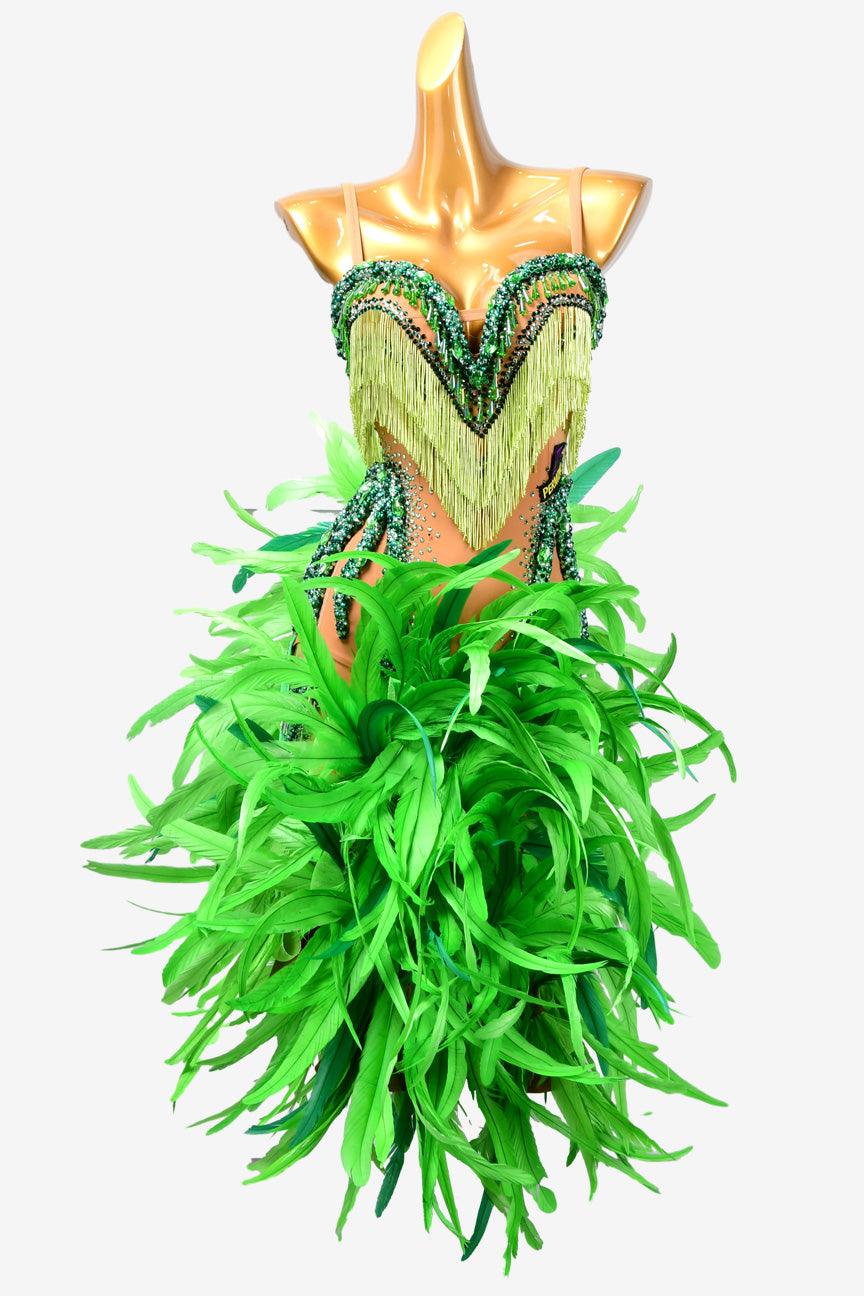 Permino bright green Latin dress with AB stone, beaded fringe, beading and feather