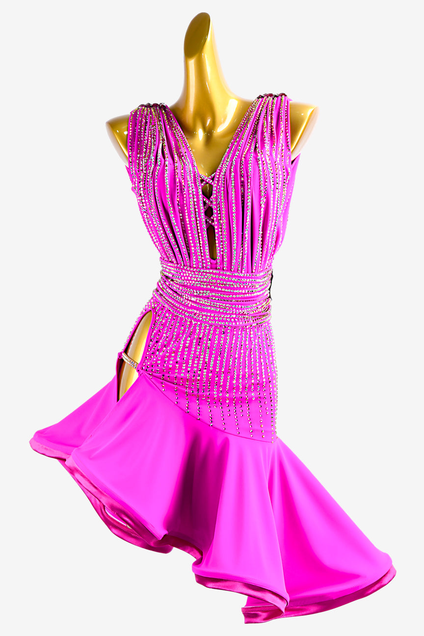 Light pink Latin dress with white rhinestones and beaded fringes - PerminoDesign