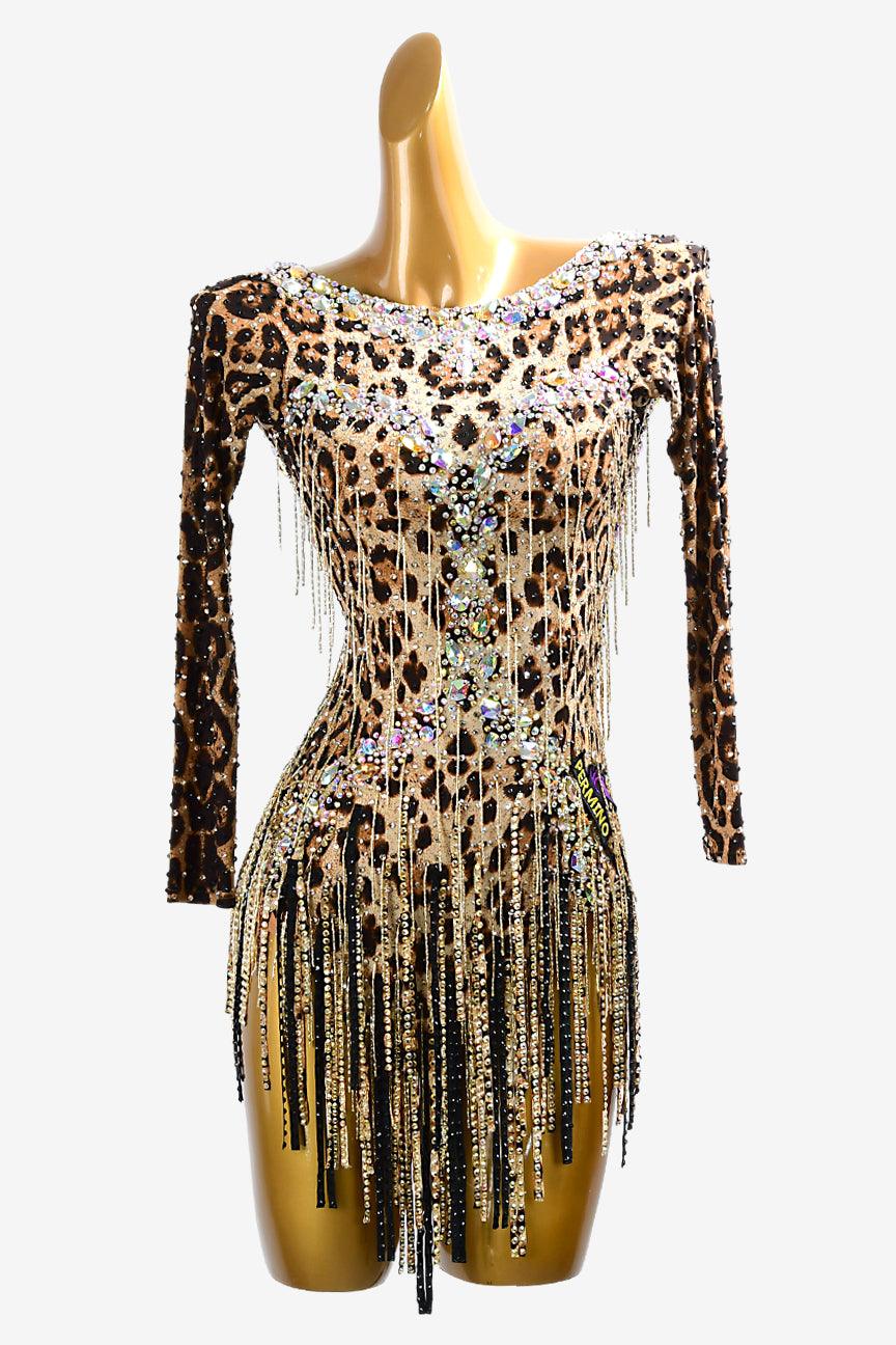 Permino leopard print Latin dress with white crystal AB, stone fringes & gold beaded fringes - PerminoDesign