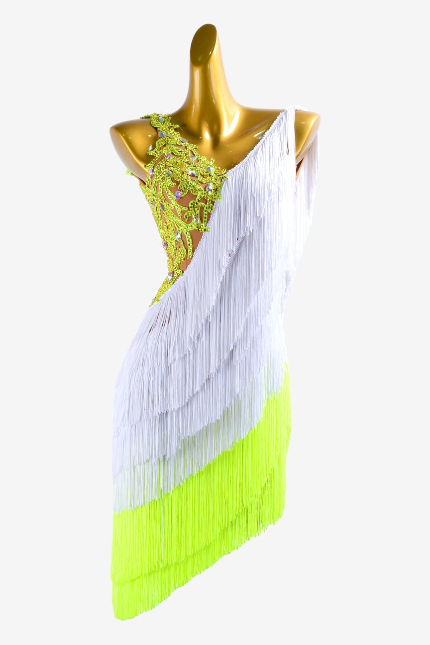 White & lemon green fringe Latin dress with crystal lace applique - PerminoDesign