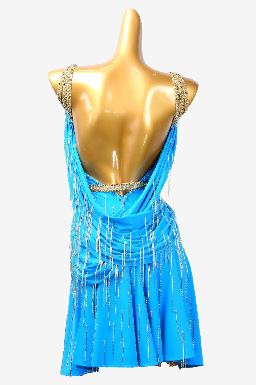 Permino deep sky blue Latin dress with tassel, beaded fringe, beading and rhinestone