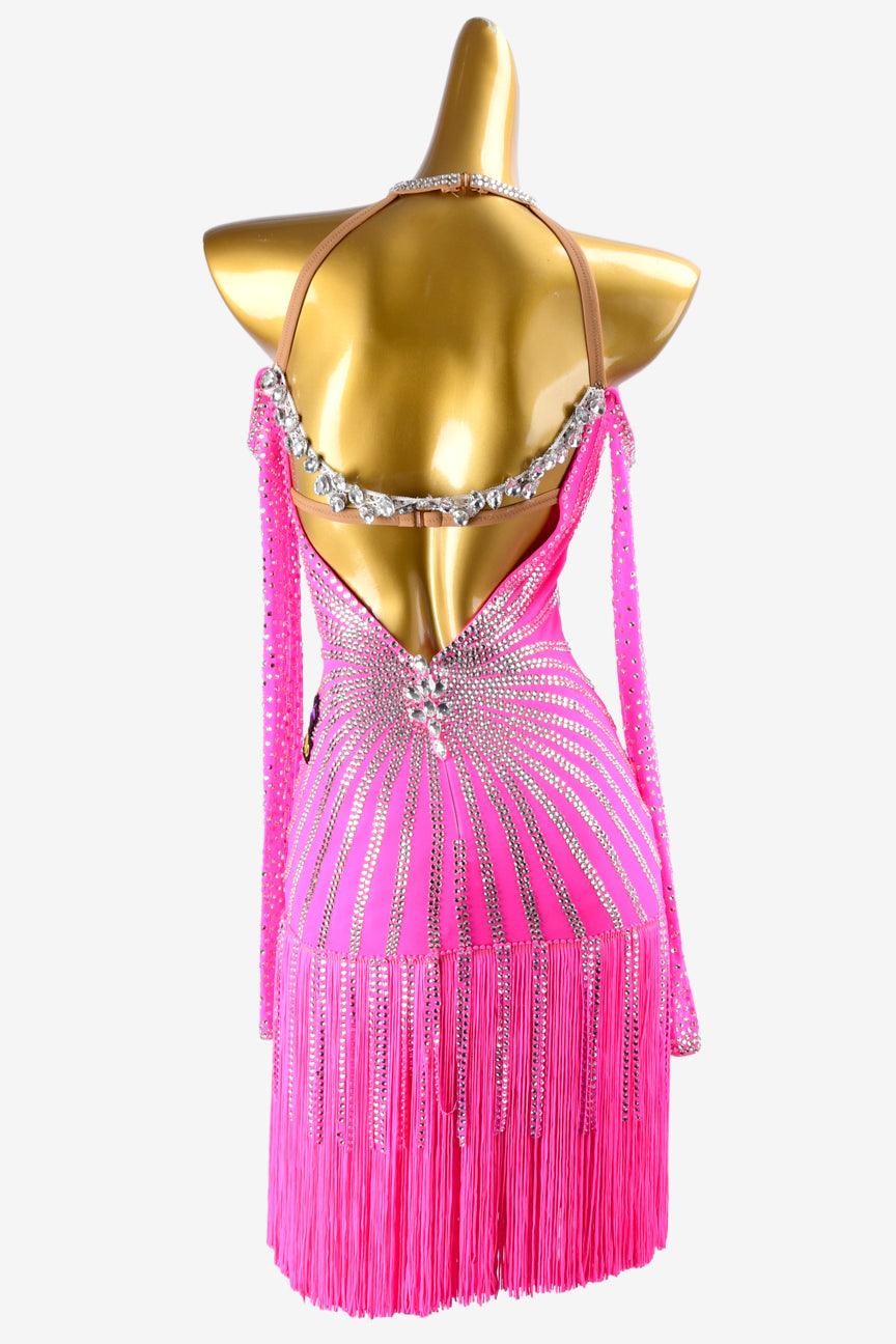 Permino light pink lycra Latin dress with stone fringes, fringes, silver crystals & sew-on stones - PerminoDesign