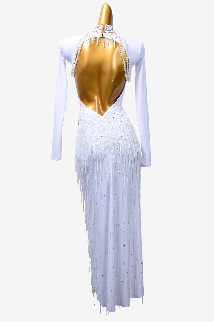 Permino white Latin dress with beading, beaded fringe and rhinestone - PerminoDesign