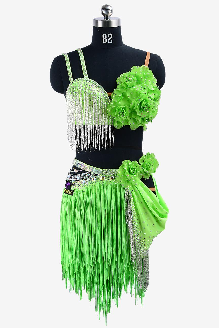 Permino lime green matt lycra Latin dress with AB stones, beaded fringes, fringes & flower appliques - PerminoDesign