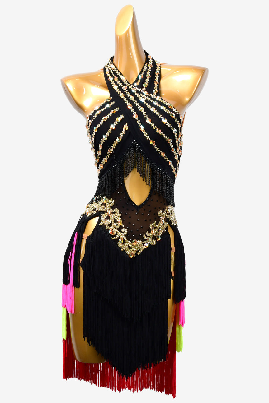 Permino black Latin dress with AB stone, fringe and beaded fringe