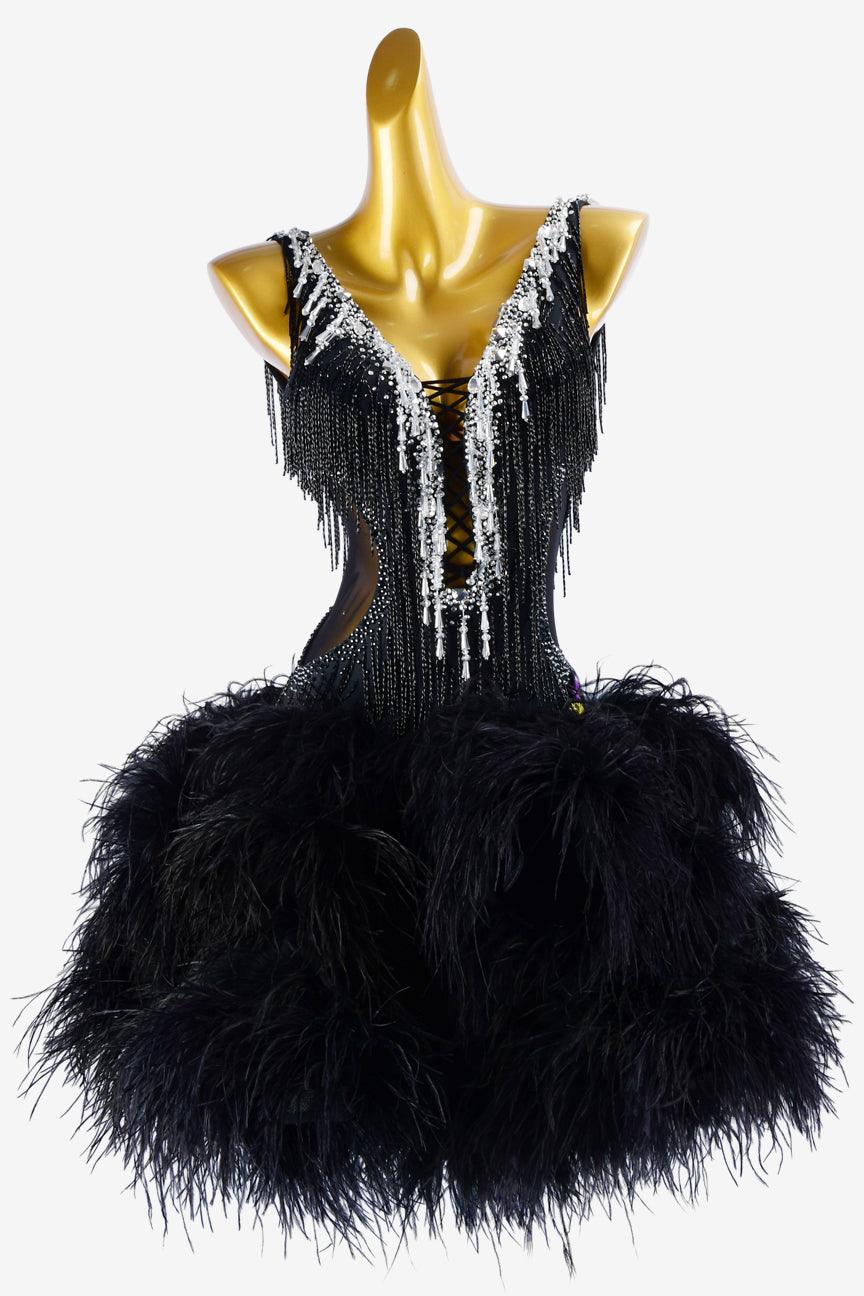 Permino black lycra Latin dress with sheer beadings, beaded fringes, feathers & rhinestones - PerminoDesign