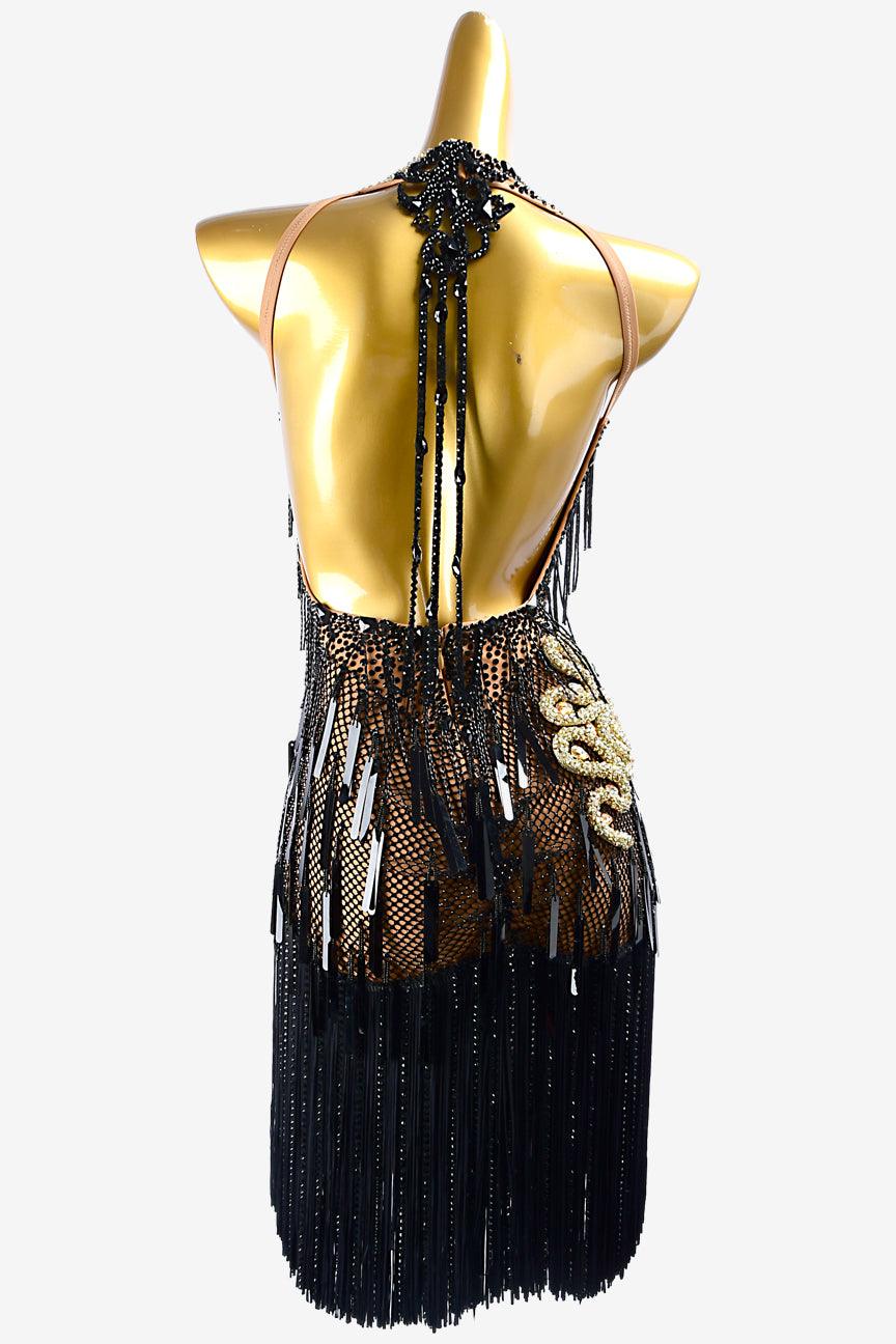 Permino fleshtone lycra Latin dress with black fishnet, stone fringes, fringes, crystals, sequins & gold stone string - PerminoDesign