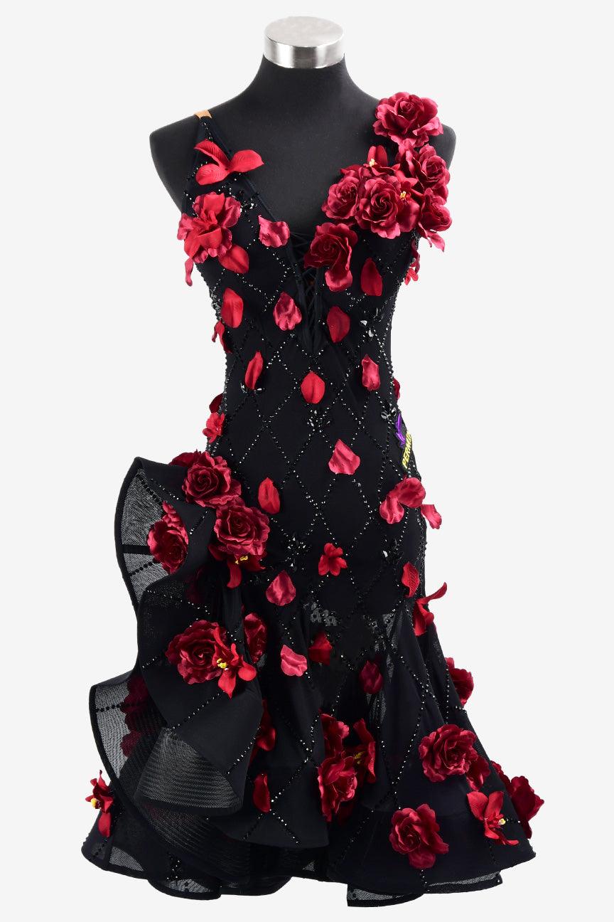 Permino black mesh Latin dress with red flower appliques & rhinestones - PerminoDesign