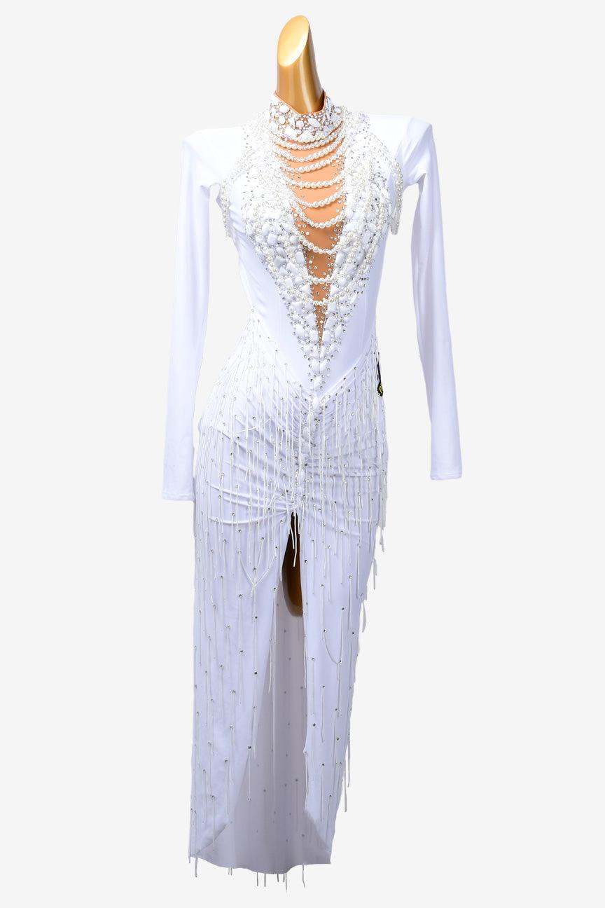 Permino white Latin dress with beading, beaded fringe and rhinestone - PerminoDesign