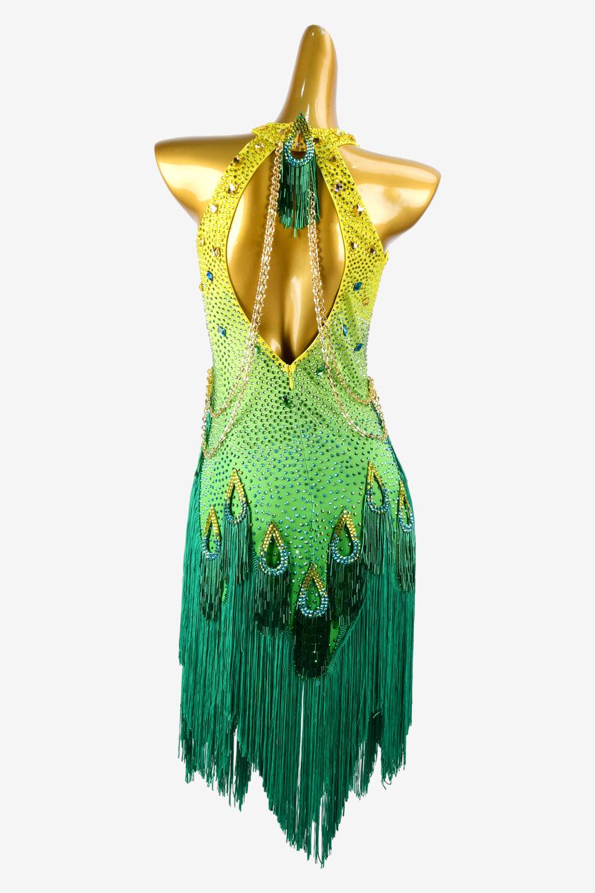 Permino yellow shaded seagreen Latin dress with beaded fringe, AB sew-on stones & fringes - PerminoDesign