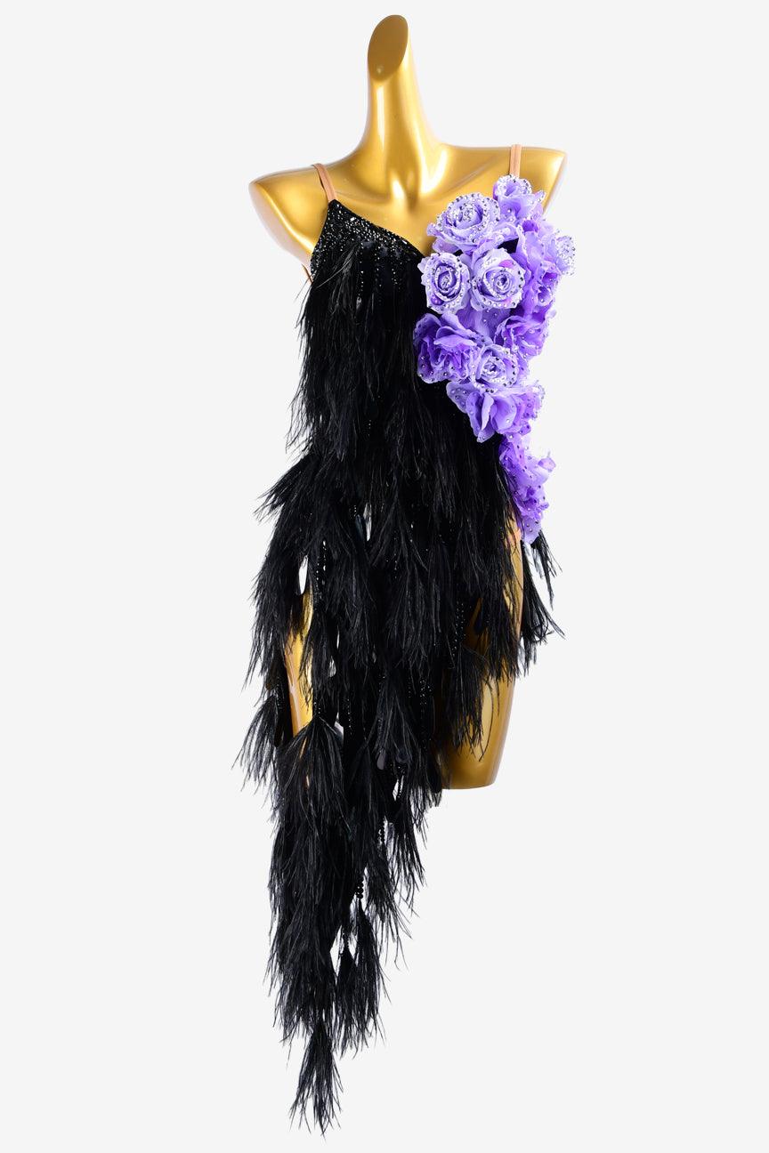 Permino black matt lycra Latin dress with feathers, sequins, rhinestones & medumpurple flower appliques - PerminoDesign