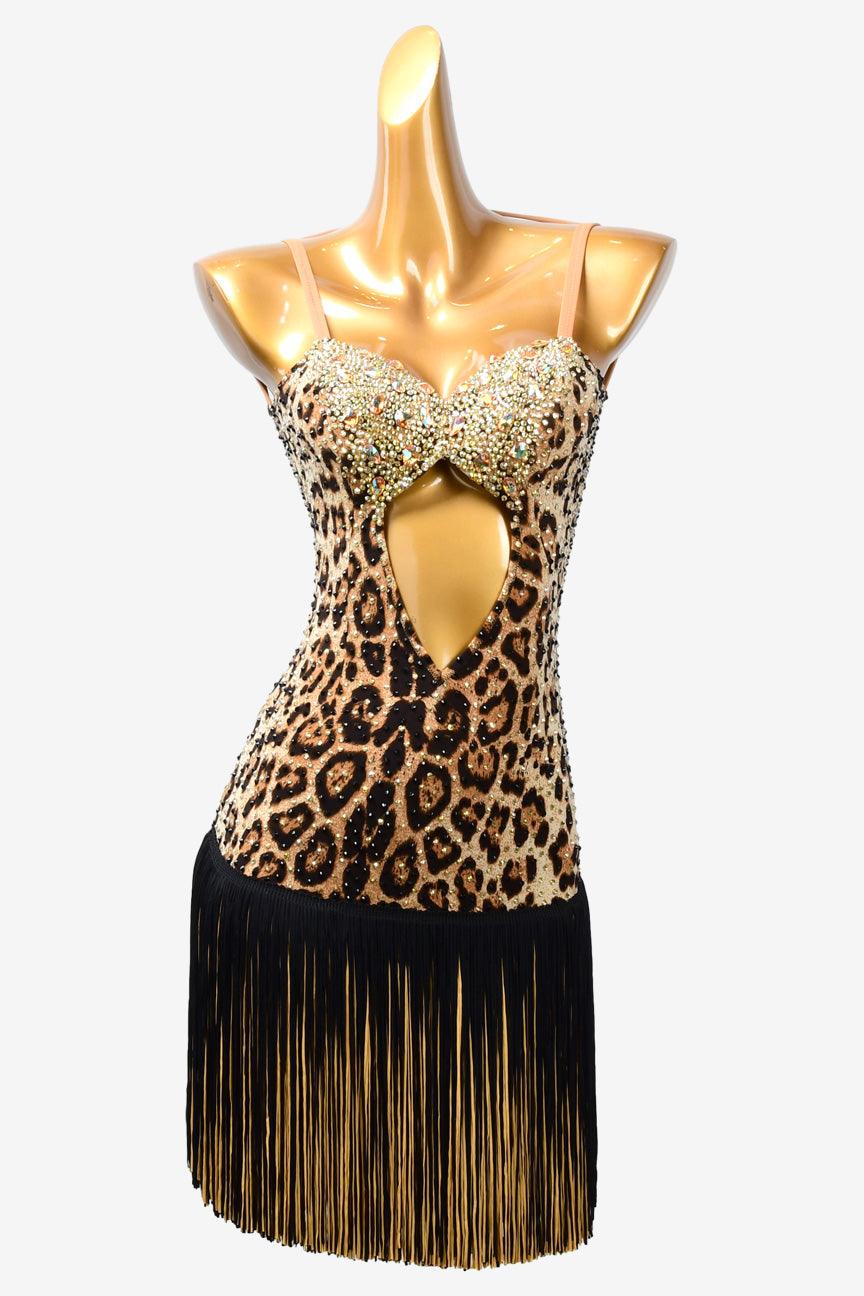 Permino leopard print Latin dress with fringe and AB stone - PerminoDesign