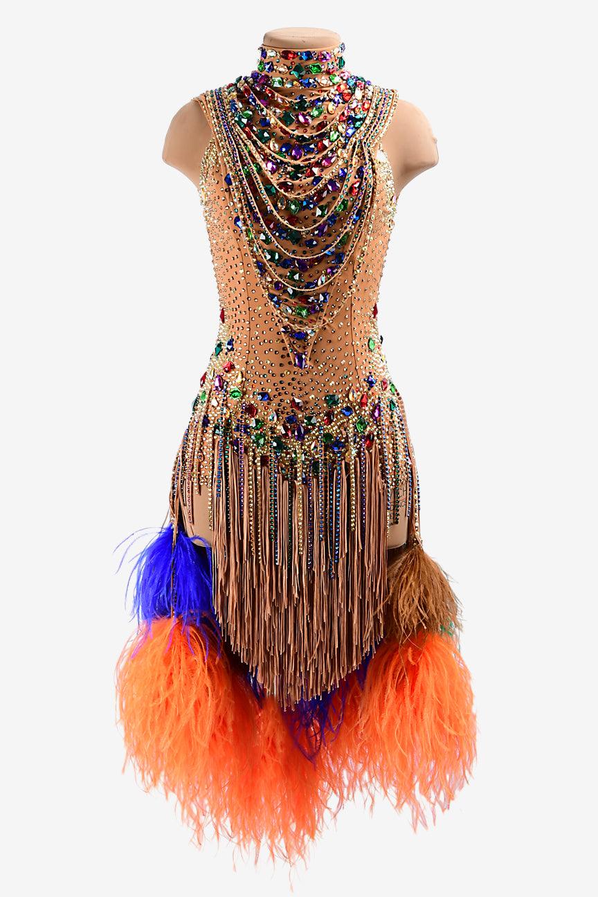 Permino fleshtone lycra Latin dress with stone fringes, colorful feathers, fringes, rhinestones & sew-on stones - PerminoDesign