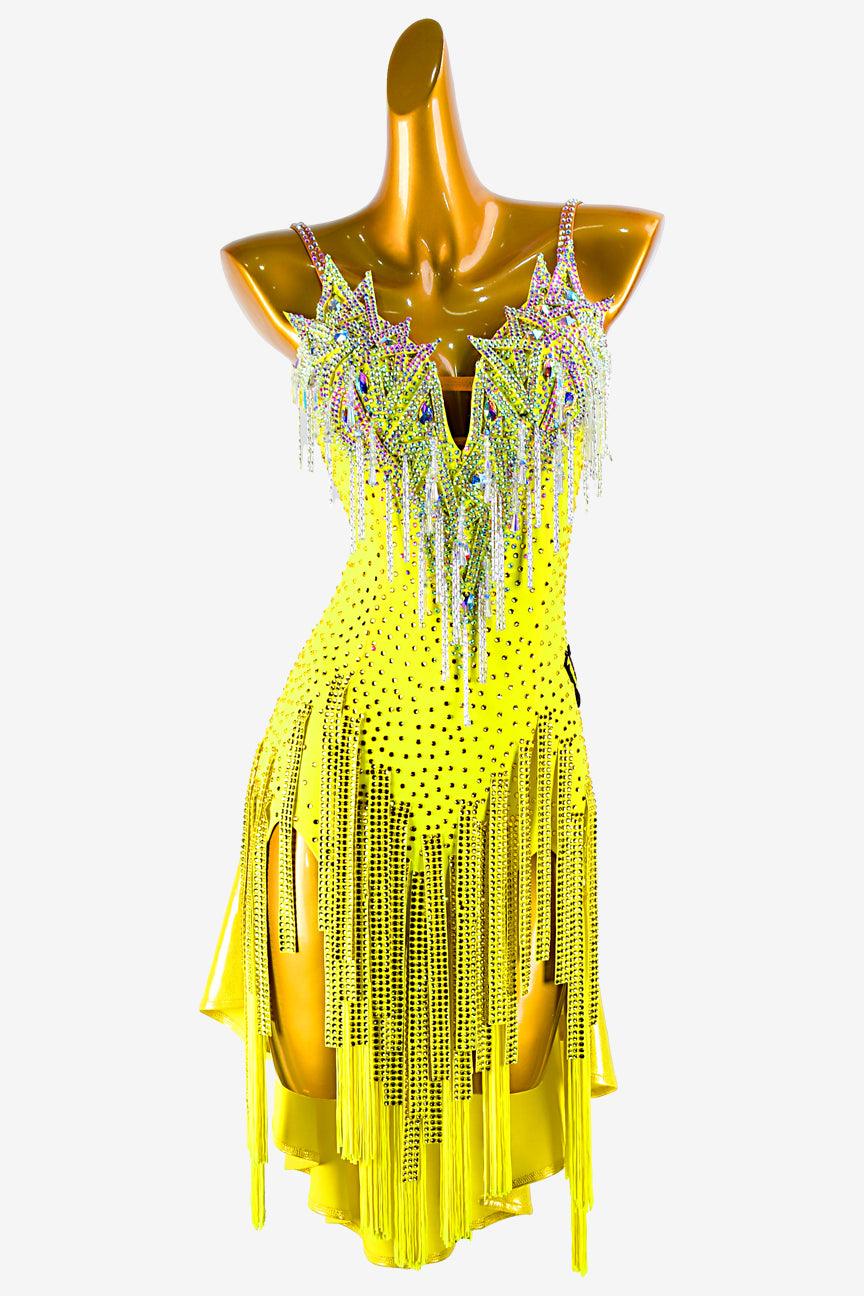 Permino yellow lustre lycra backless Latin dress with stone fringes and white beaded fringes - PerminoDesign