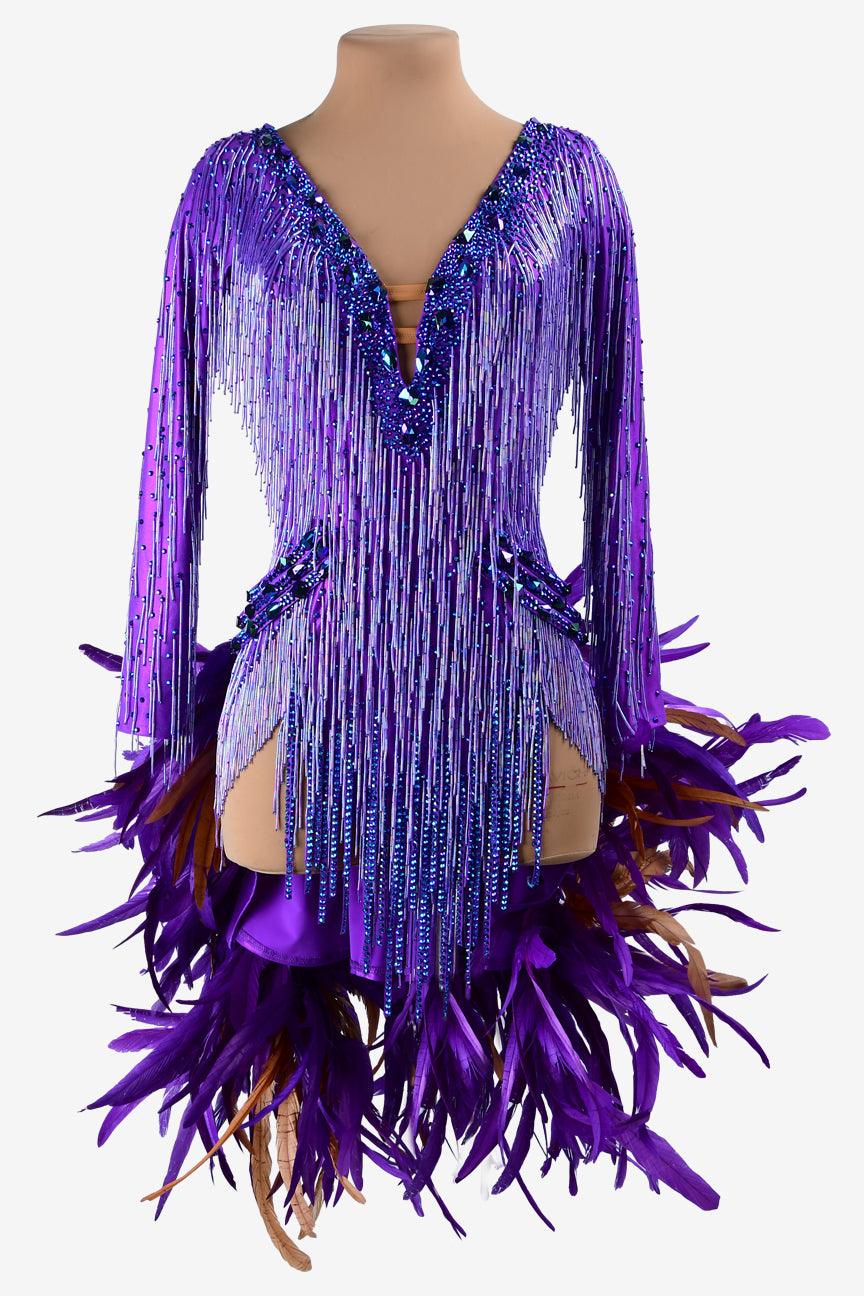 Permino violet dot shine lycra Latin dress with AB stones, stone fringes, feathers & beaded fringes - PerminoDesign