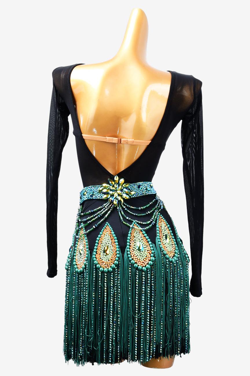 Permino black Latin dress with beading, stone fringes, fringe and rhinestone