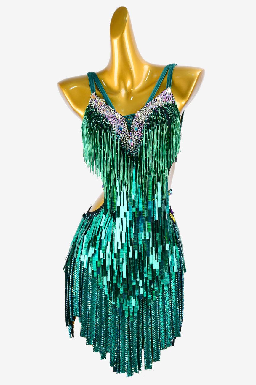 Permino lack green Latin dress with stone fringes, beaded fringes, sea green sequins & white crystal AB - PerminoDesign