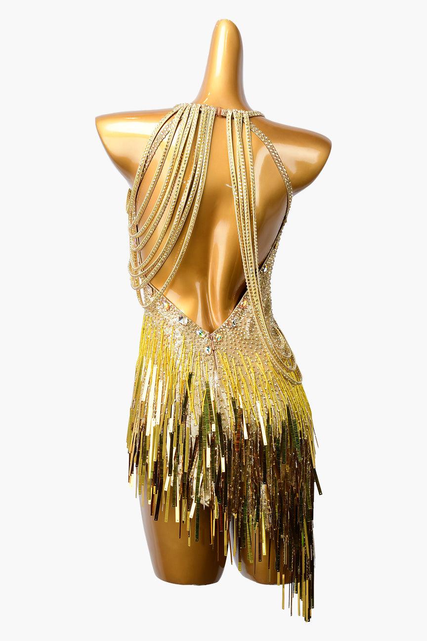 Permino khaki Latin dress with stone fringes, sequin and rhinestone - PerminoDesign