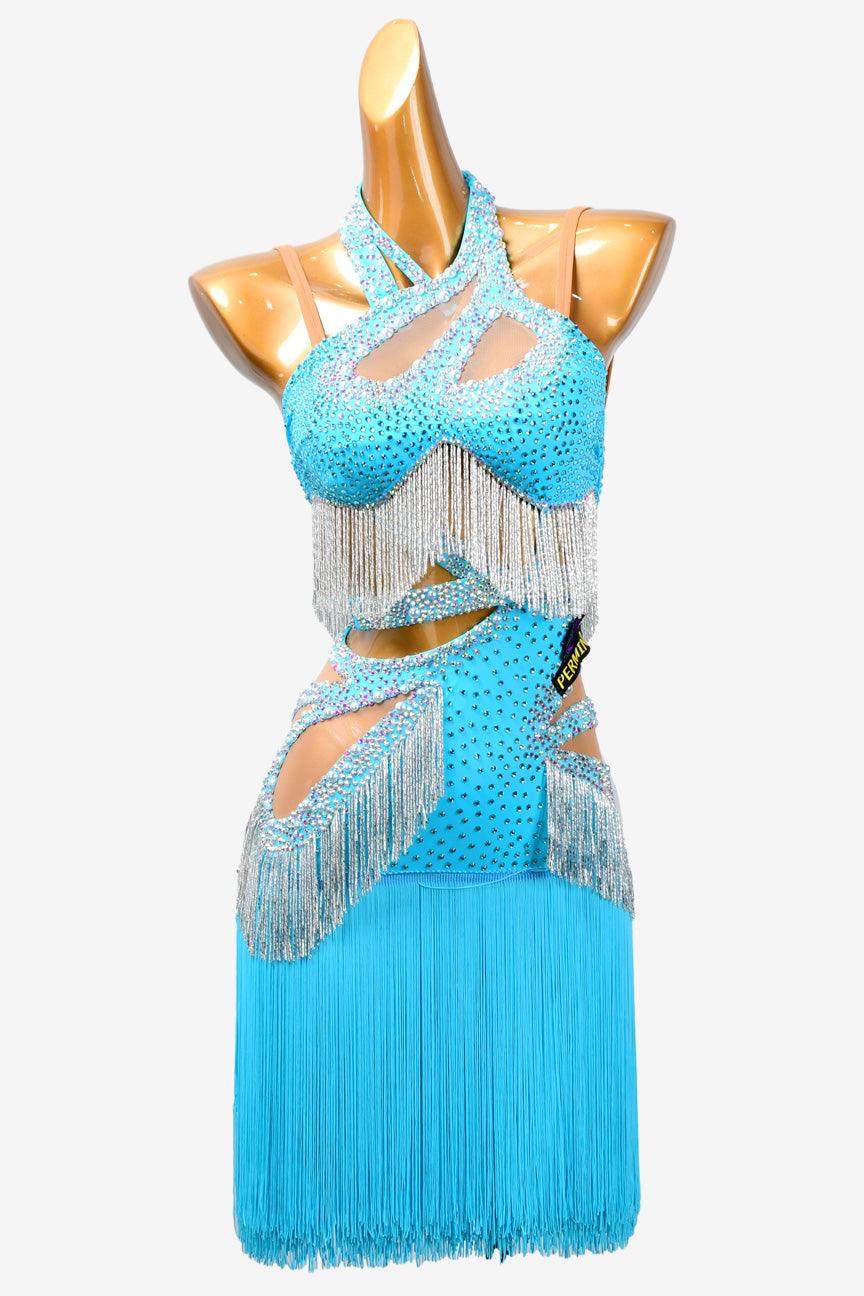 Permino deep sky blue Latin dress with beaded fringe and crystal AB - PerminoDesign