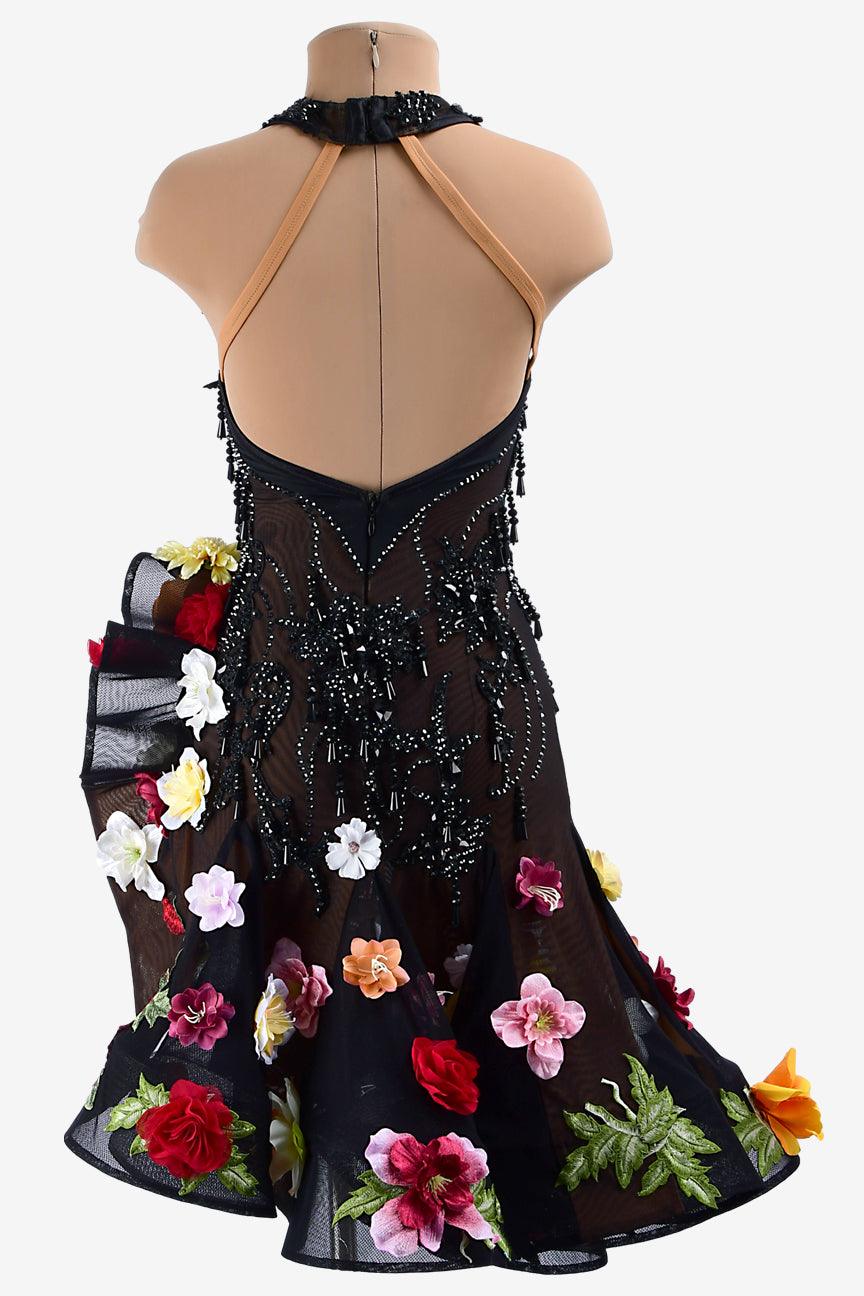 Permino black mesh Latin dress with ruffle fishbone underskirt ,rhinestones, lace & flower appliqués - PerminoDesign