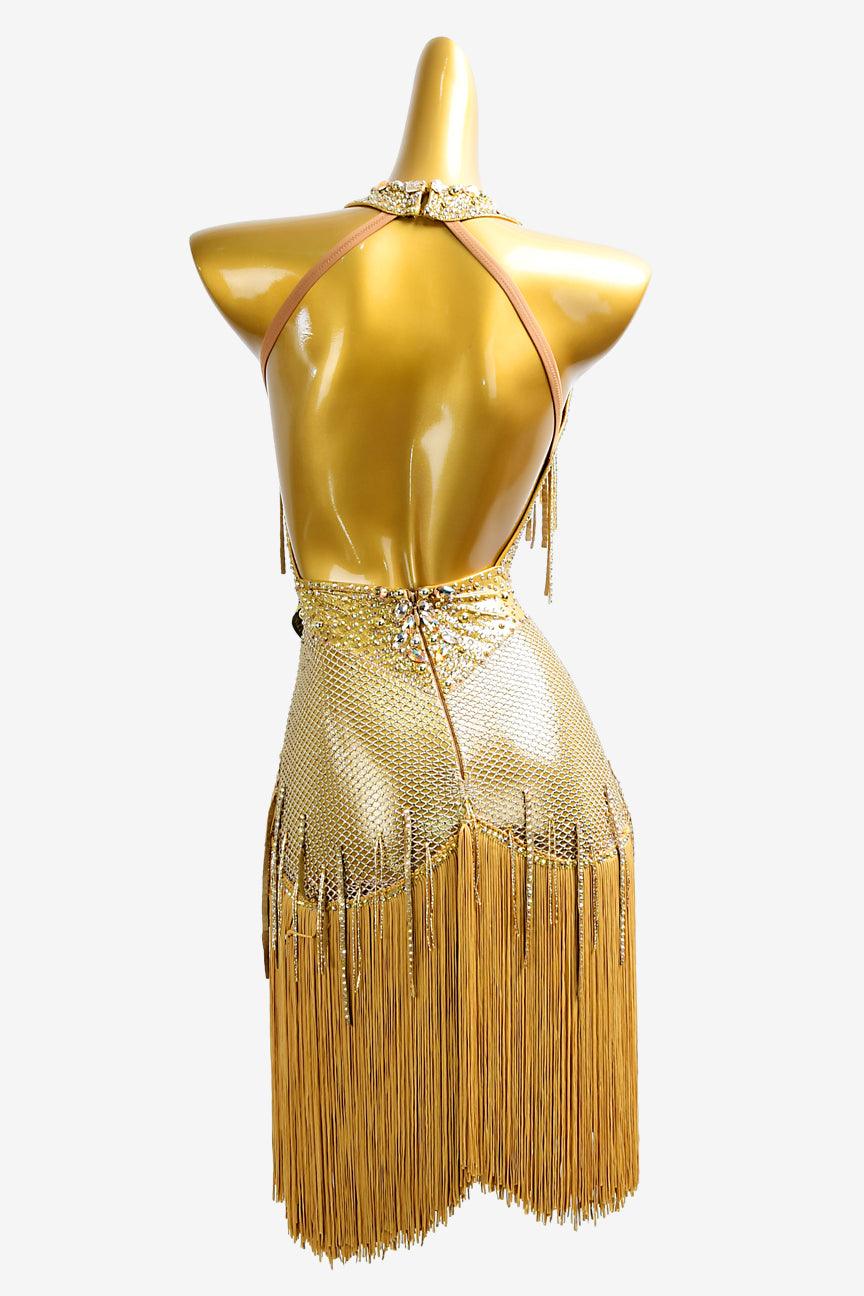 Permino gold sequin Latin dress with stone fringes, AB stones and fringes - PerminoDesign